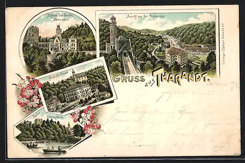 Lithographie Tharandt, Schloss des Grafen Suminski, Forst-Akademie, Ruine, Schlossteich