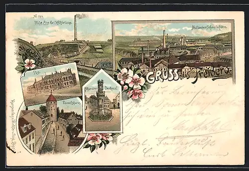 Lithographie Freiberg, Post, Muldener Schmelzhütte, Schweden-Denkmal, Hohe Esse