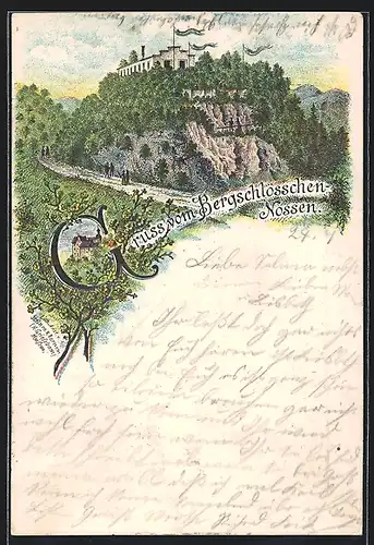 Lithographie Nossen, Bergschlösschen mit Wanderern