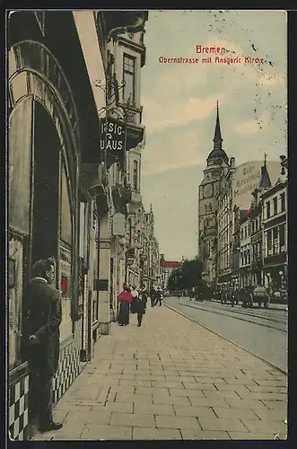 AK Bremen, Mäntelhaus Gebr. Hirschfeld, Obernstrasse mit Ansgari-Kirche