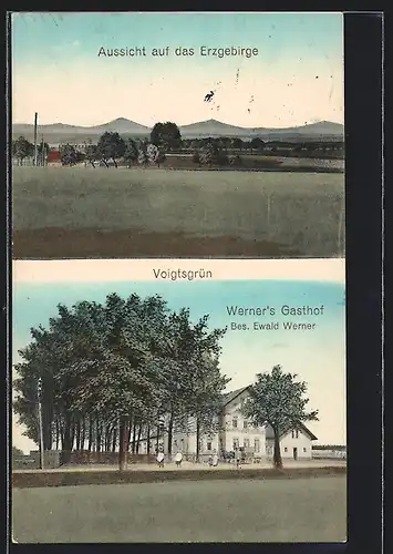 AK Voigtsgrün / Erzgeb., Werner's Gasthof, Panoramablick auf das Erzgebirge