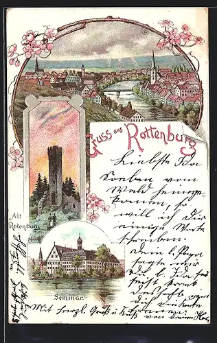 Lithographie Rottenburg, Seminar, Turm der Ruine Alt-Rotenburg