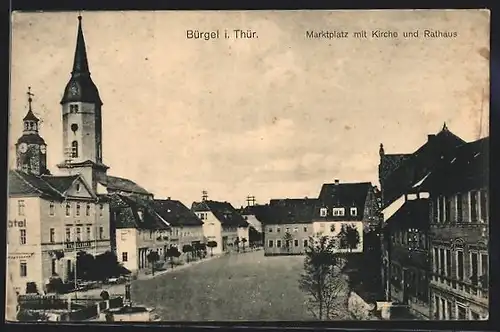 AK Bürgel /Th., Marktplatz mit Kirche und Rathaus