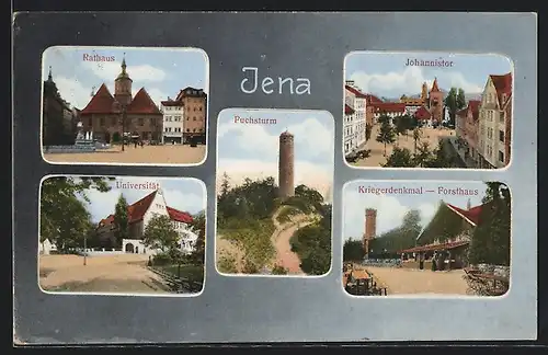 AK Jena, Rathaus, Marktplatz, Universität, Gasthaus Forsthaus am Kriegerdenkmal
