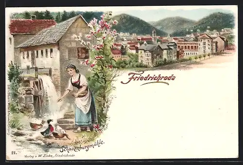 Lithographie Friedrichroda, Ansicht Schauenburgmühle