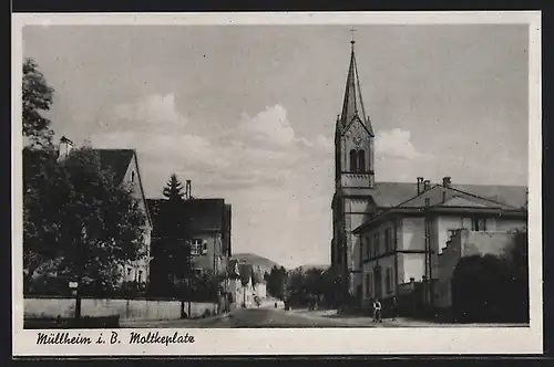 AK Müllheim /Baden, Moltkeplatz mit Kirche