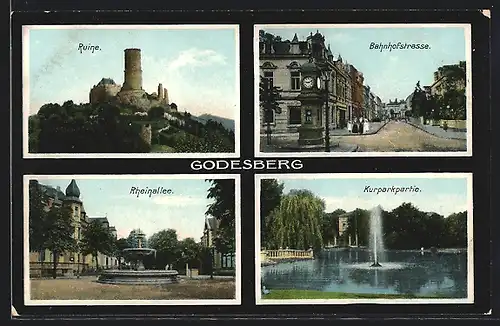 AK Godesberg, Rheinallee mit Brunnen, Bahnhofstrasse, Ruine