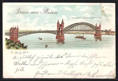 Lithographie Bonn, Panorama der Bonner Rheinbrücke