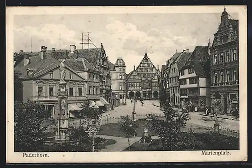 AK Paderborn, Marienplatz mit Geschäften und Brunnen