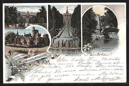 Vorläufer-Lithographie Cassel-Wilhelmshöhe, 1895, Ortsansicht von der Allee, Löwenburg, Aquaduct-Wasserfall, Cascaden