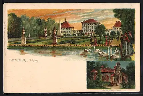 Lithographie München-Nymphenburg, Blick zum Schloss, Magdalenenkapelle