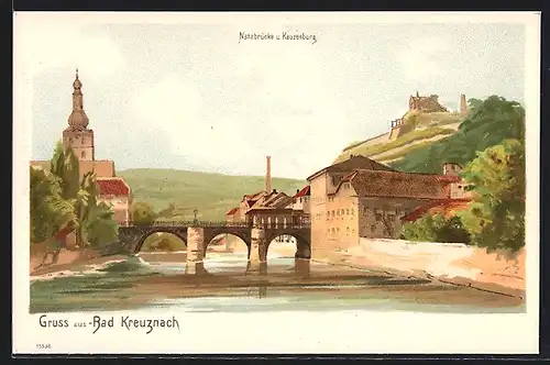 Lithographie Bad Kreuznach, Nahebrücke & Kauzenburg