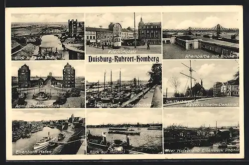 AK Duisburg, Admiral-Scheer-Brücke, Eisenbahn-Hafen, Friedrichplatz, Hafenpartie mit Rheinbrücke, Blick auf Ruhrort