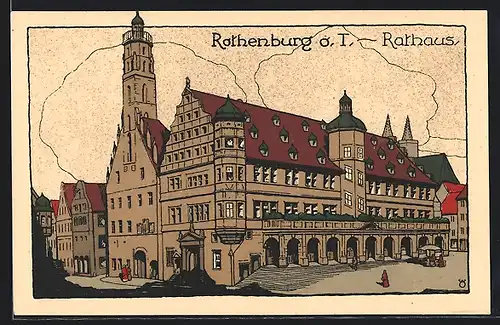 Steindruck-AK Rothenburg o. T., Motiv vom Rathaus