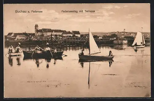 AK Buchau, Federsteg mit Terrasse, Boote