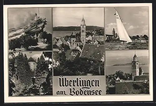 AK Überlingen am Bodensee, Kirchenansicht, Ausflugsdampfer, Segelboot auf dem Bodensee