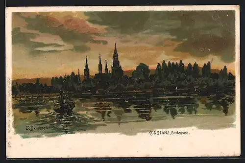 Lithographie Konstanz /Bodensee, Idyllische Ortsansicht vom Wasser aus