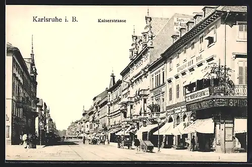 AK Karlsruhe, Geschäfte und Hotel Englischer Hof auf der Kaiserstrasse