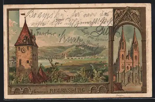 Lithographie Regensburg, Panorama und Dom