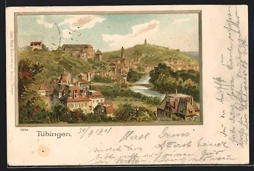 Lithographie Tübingen, Ortsansicht mit Brücke aus der Vogelschau