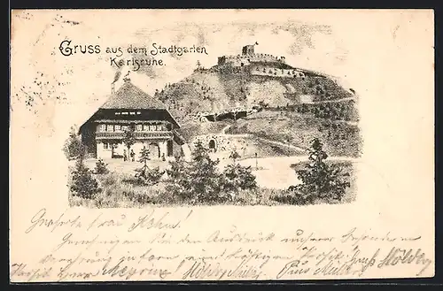 AK Karlsruhe, Stadtgarten, Schwarzwaldhaus und Burg