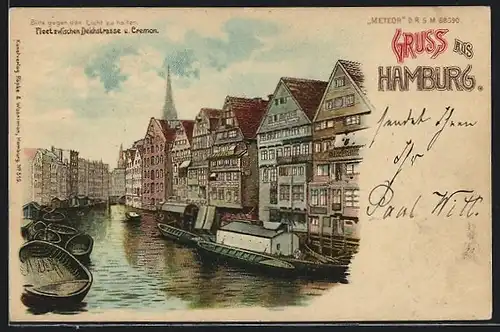 Lithographie Hamburg, Fleet zwischen Deichstrasse und Cremon