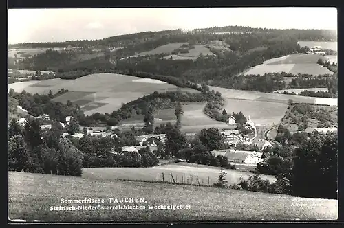 AK Tauchen, Ortsansicht aus der Vogelschau mit Blick über die Felder