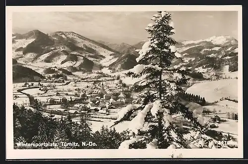 AK Türnitz, Ortsansicht aus der Vogelschau im Schnee
