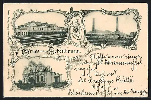 AK Schönbrunn, Bahnhof, Villa Braun, Röhrenwalzwerk