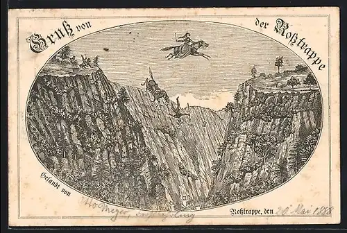 Vorläufer-Lithographie Ganzsache PP6F118: Thale /Harz, 1888, Sage von der Rosstrappe, Sprung übers Bodetal