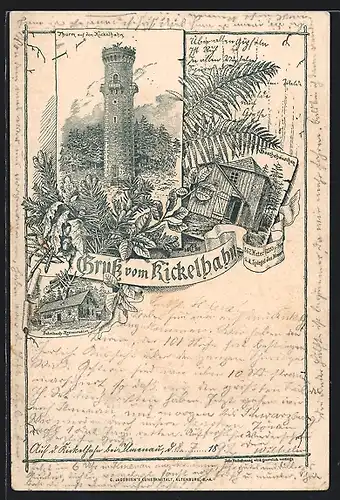 Vorläufer-Lithographie Ilmenau, 1892, Thurm auf dem Kickelhahn, Gabelbach-Restaurant, Goethehäuschen