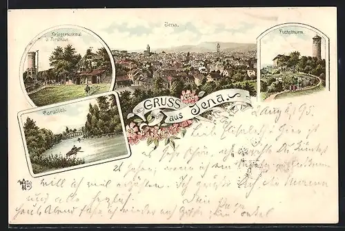 Vorläufer-Lithographie Jena, 1895, Kriegerdenkmal und Forsthaus, Paradies, Fuchsthurm