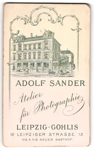 Fotografie Adolf Sander, Leipzig-Gohlis, Leipziger Str. 12, Ansicht Leipzig, Blick auf das Atelier mit Reklameschild