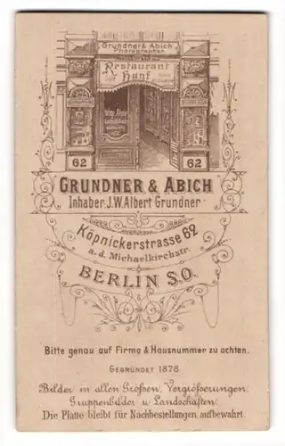 Fotografie Grundner & Abich, Berlin, Köpenickerstr. 62, Ansicht Berlin, Blick auf den Eingang des Fotoateliers, Werbung