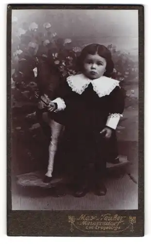 Fotografie Max Neuber, Meinersdorf i. Erzg., kleines Mädchen im dunklen Kleid mit Schaukelpferd auf Rollen