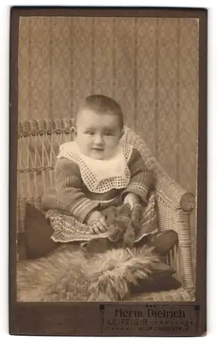 Fotografie Herm. Dietrich, Leipzig, Kleinkind im Strickpullover mit Teddybär im Schoss