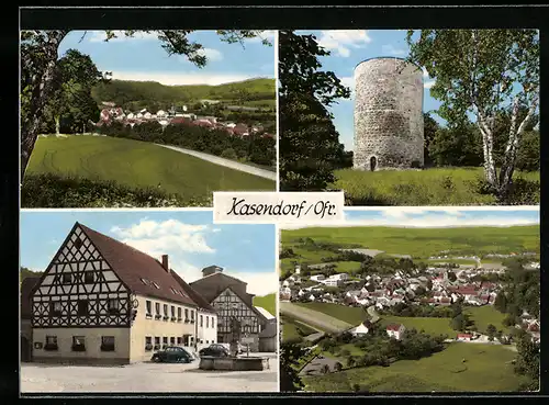 AK Kasendorf /Ofr., Gasthaus, Turmruine, Ortsansicht, VW Käfer