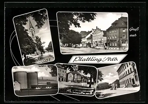 AK Plattling /Ndb., Strassenpartien mit Ladengeschäften, Kirche, Brunnen