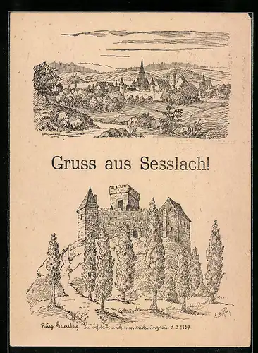 Künstler-AK Sesslach, Burg Geiersberg, Ortsansicht aus der Vogelschau
