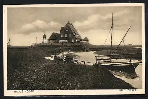 AK Hallig Hooge, Kirchwerft mit Umgebung, Segelboot