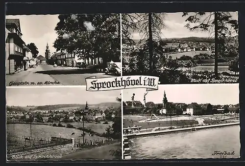 AK Sprockhövel i. W., Blick auf den Ort, Hauptstrasse mit evangelischer Kirche, Freibad