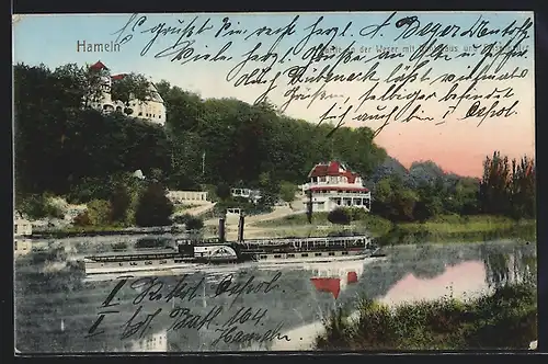 AK Hameln, Partie an der Weser mit Bootshaus und Felsenkeller