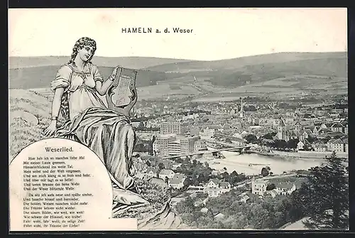 AK Hameln a. d. Weser, Teilansicht, Weserlied, Frau mit Harfe