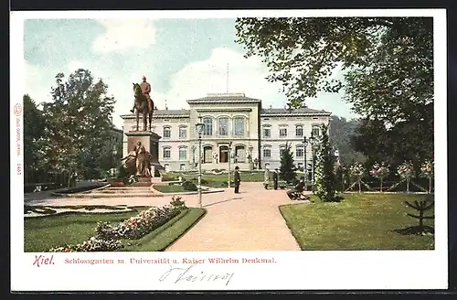 AK Kiel, Schlossgarten mit Universität und Kaiser Wilhelm-Denkmal