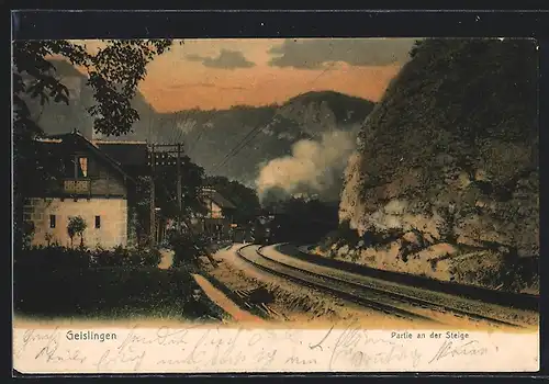 AK Geislingen, einfahrende Eisenbahn an der Staige