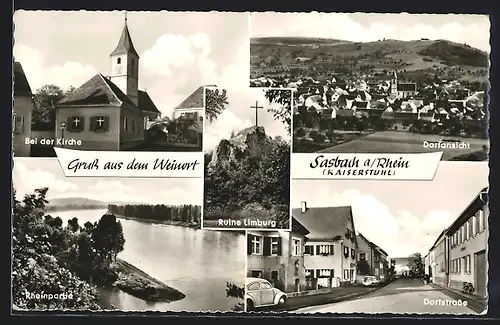 AK Sasbach a. Rhein /Kaiserstuhl, Kirche, Rheinpartie, Dorfstrasse