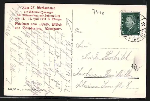 AK Ebingen, 23. Verbandstag der Schreiner-Innungen von Württemberg und Hohenzollern 1931, Rathaus mit Handlung Stegmann