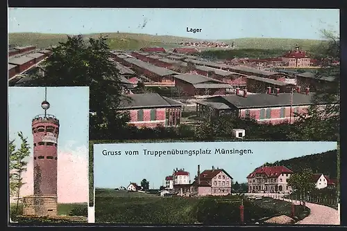AK Münsingen, Truppenübungsplatz, Lager, Ortspartie, Turm Falkenhausen