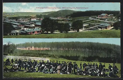 AK Münsingen, Truppenübungsplatz, Barackenlager, Soldaten auf einer Wiese