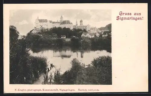 AK Sigmaringen, Uferpartie mit Schloss